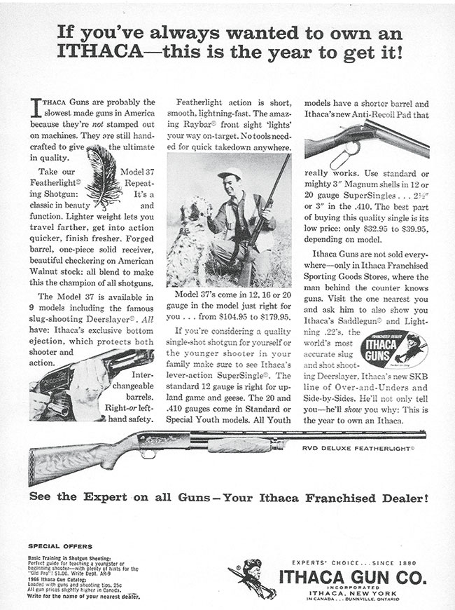 A 1966-vintage Ithaca ad extolls the virtues of the Model 37, which was just about the same time some trench guns based on that pump-gun's action were seeing use in the Vietnam War.