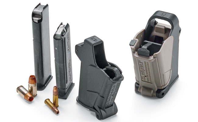 The Baby UpLula will load single-stack magazines without a projecting side pin for cartridges between .22 and .380. The 22UpLula is a new .22LR double-stack loader for wide-body pistol mags. $39