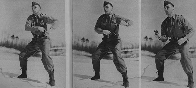 U.S. Marine Lt. Col. Jeff Cooper studied the art of the draw as these series of photographs illustrate. Three sequence photos were taken in 1/250th of a second and published in Guns & Ammo's first issue.