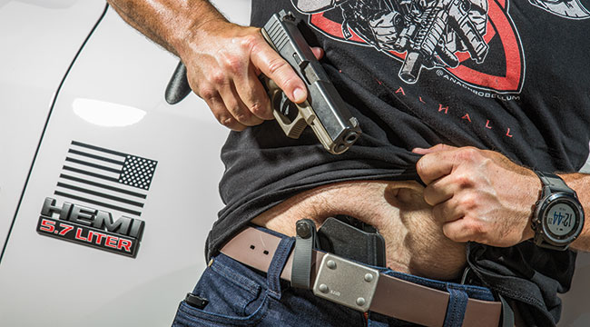 Carrying appendix inside the waistband (AIWB) requires a good belt (in this case the 5.11 Apex Gunners Belt) as well as a good holster (in this case the PHLster Glock Skeleton Holster) to be done safely and correctly. Even after 44 years of good whiskey and bad choices, the author can still carry comfortably like this.