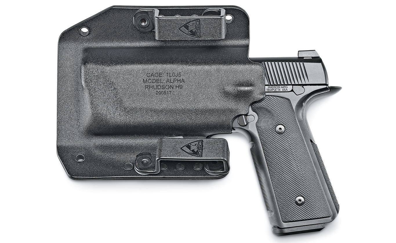 The Hudson H9 was one of the most highly anticipated new pistols introduced in 2017. It generated a lot of demand for the unique, striker-fired pistol that borrows much from the M1911. DSG Arms is among the few brands that offer holsters for the H9 including an IWB model and this black OWB carrier called the Alpha. $70