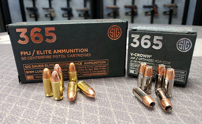 SIG 365 Elite Performance Ammunition in 115gr 9mm SIG V-Crown and SIG FMJ