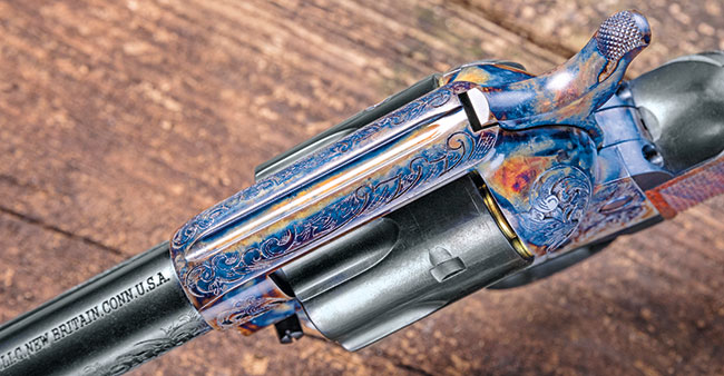 The cylinder, barrel, triggerguard and ejector rod housing were given a high-polish blue, which contrasts nicely with the color-case-hardened frame assembly and hammer.