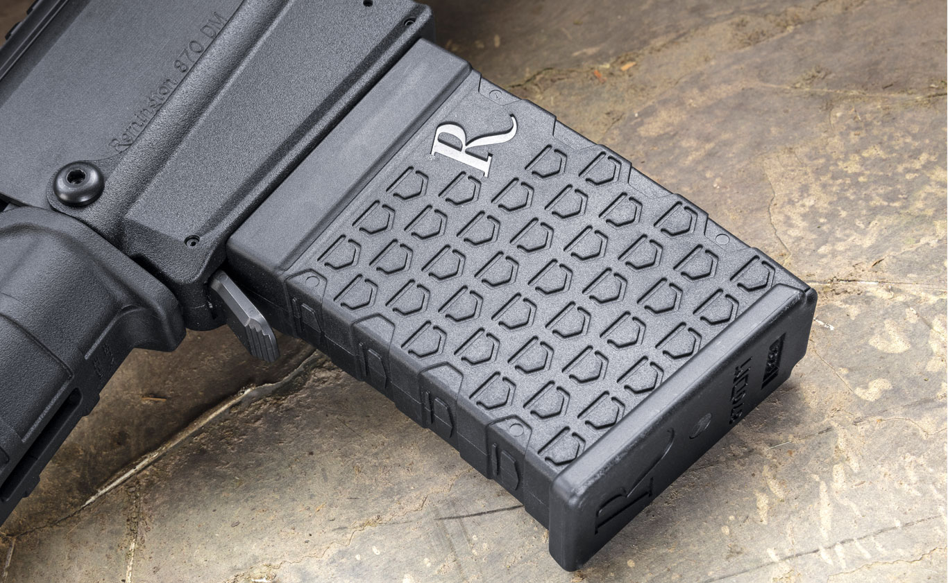 The detachable box magazine is constructed of polymer and steel, and carries six shells. Shield-graphic texturing provides grip during insertion or removal. G&A’s testing showed the magazines will not drop from the receiver, but need to be pulled from the magazine well.