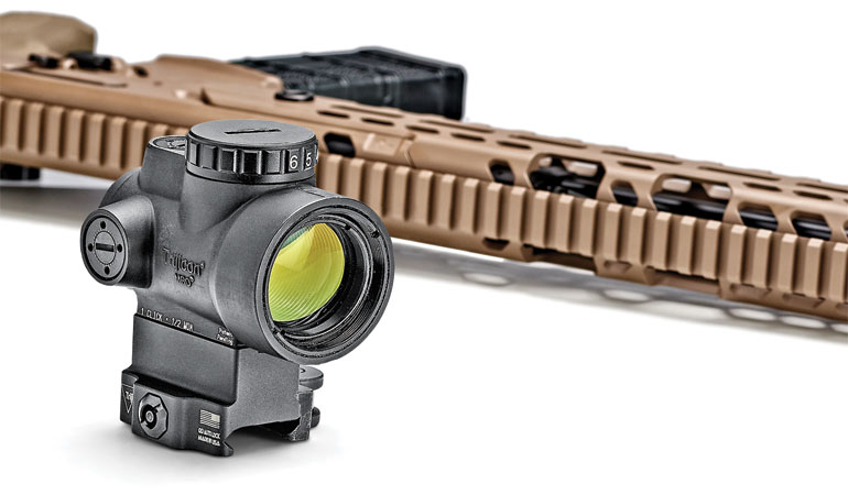 The new Trijicon MRO with a 2 MOA adjustable green dot can be had with or without a mount. Mounts that co-witness with the dot or place the dot in the lower 1/3rd with reference to back-up sights are available as well as three mounts with quick-release levers. $613 – $750
